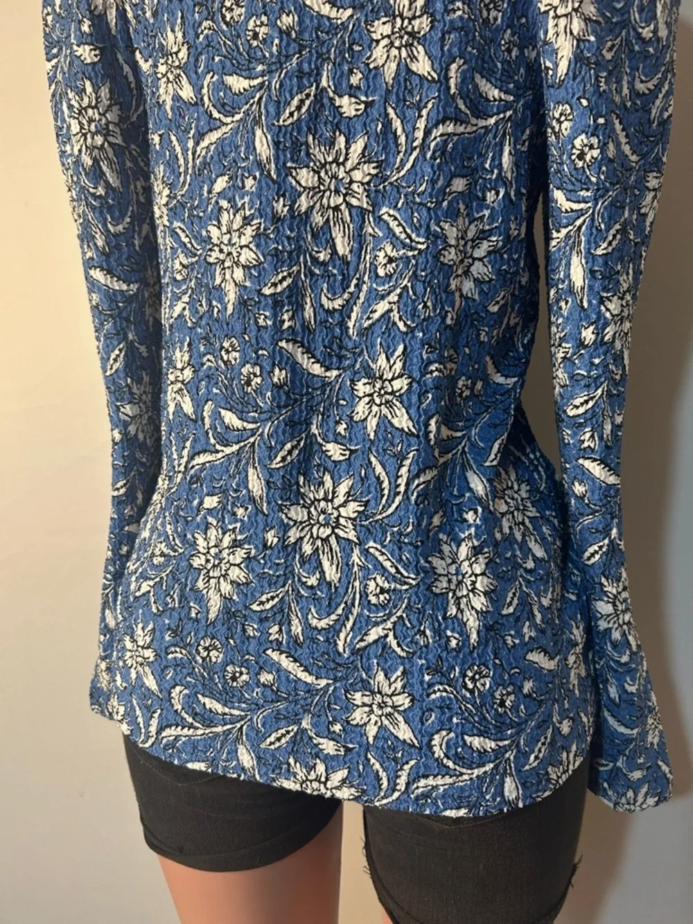 LOFT Women’s Floral Puff Long Sleeve Blouse Textured Top Square Neck Size L NWT